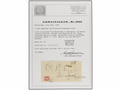 ✉ URUGUAY. 1867-71. MONTEVIDEO a ESPAÑA. Tres cartas circula