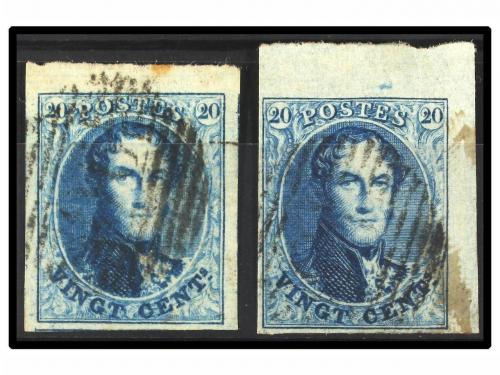 ° BELGICA. Yv. 11. 1858. 20 cts. azul. Dos sellos, uno borde