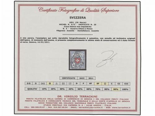 ° SUIZA. Zu. 17 (3). 1851. 5 rp. blue and red, tied by BLACK