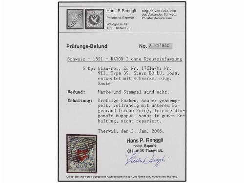 ° SUIZA. Zu. 17 (3). 1851. 5 rp. blue and red, tied by BLACK