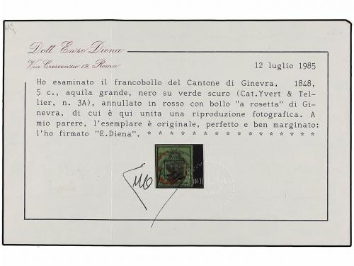 ° SUIZA. Yv. 3A. 1848. 5 cents. black on green tied by red "