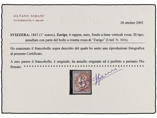 ° SUIZA. Zu. 2s. 1843. 6 rp. black type III tied by red "Ros