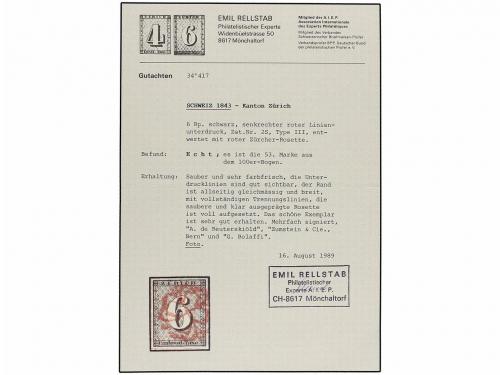 ° SUIZA. Zu. 2s. 1843. 6 rp. black type III tied by red "Ros