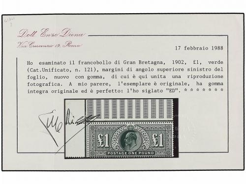 ** GRAN BRETAÑA. Yv. 121. 1902. 1 Libra verde, esquina de pl