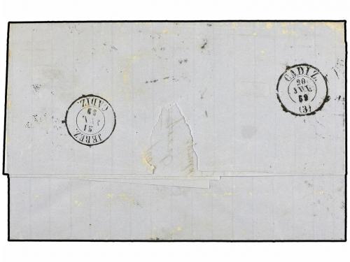 ✉ ESPAÑA. Ed. 48. 1859. GIBRALTAR a JEREZ. 4 cuartos rojo, m