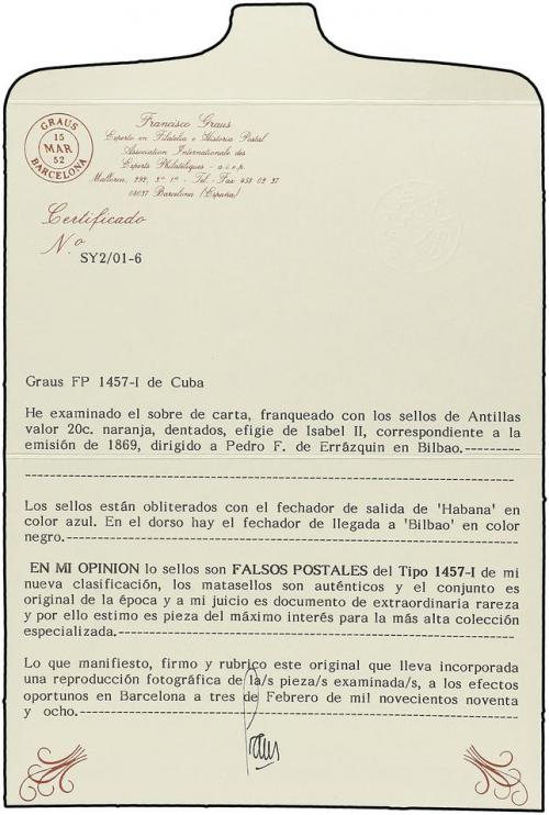 ✉ CUBA. Ant. 17F (2). 1869. HABANA a BILBAO. 20 cts. naranja