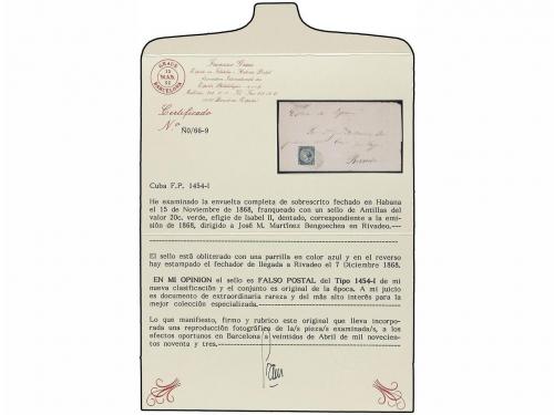 ✉ CUBA. Ant. 14F. 1868. HABANA a RIBADEO. 20 cts. verde FALS