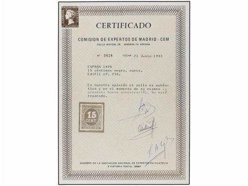(*) ESPAÑA. Ed. 238. 15 cts. negro. PIEZA DE LUJO. Cert. CEM