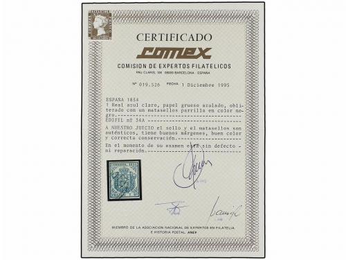 ° ESPAÑA. Ed. 34A. 1 real azul claro, papel grueso azulado. 