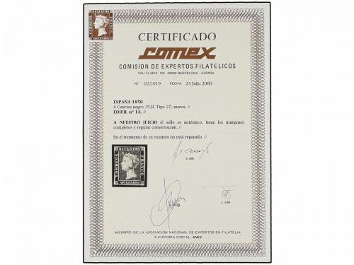 (*) ESPAÑA. Ed. 1A. 6 cuartos negro, pl. II, tipo 27. Muy bo