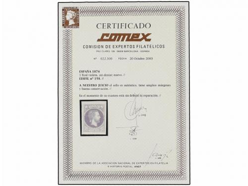 * ESPAÑA. Ed. 158. 1 real violeta. PIEZA DE LUJO. Cert. COME