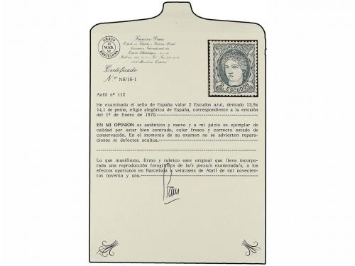* ESPAÑA. Ed. 112. 2 Esc. azul. MAGNÍFICO EJEMPLAR. Cert. GR