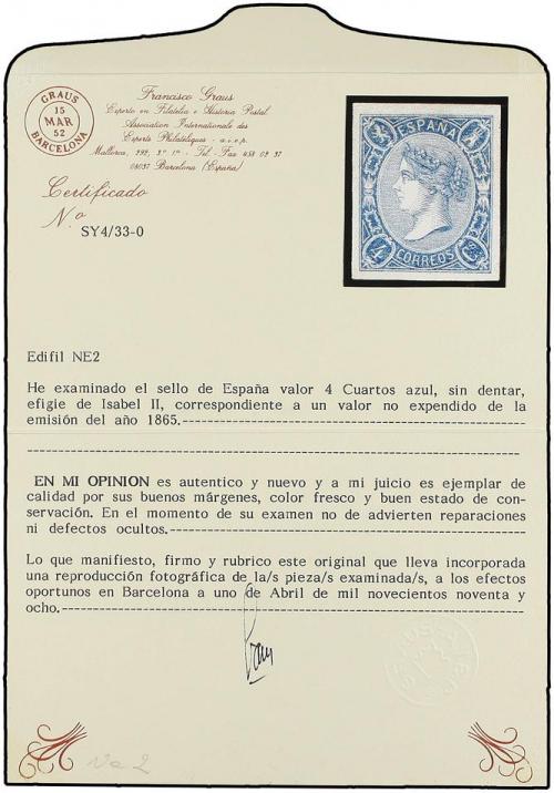 (*) ESPAÑA. Ed. NE 2. NO EMITIDO. 4 cuartos azul. Márgenes e