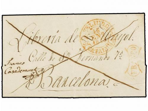 ✉ ESPAÑA: PREFILATELIA. 1845. PALAMÓS a BARCELONA. Fechador 