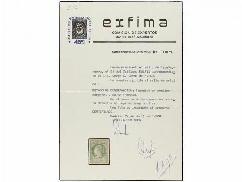 * ESPAÑA. Ed. 51. 2 cuartos verde. PIEZA DE LUJO. Cert. EXFI