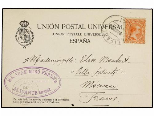 ✉ ESPAÑA. Ed. 218. 1900. ALICANTE a MÓNACO. Tarjeta Postal "