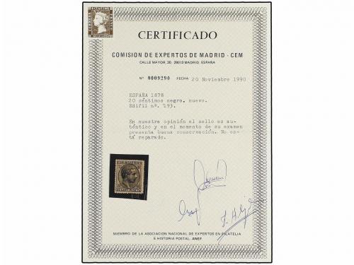 * ESPAÑA. Ed. 193. 20 cts. negro. Muy bonito ejemplar. Cert.
