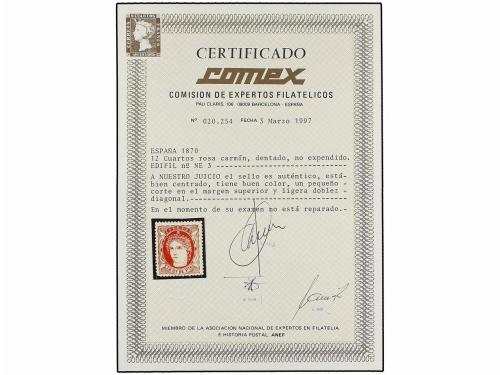 * ESPAÑA. Ed. NE 3. 12 cuartos carmín. NO EMITIDO. Cortecito