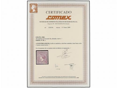 ** ESPAÑA. Ed. 85. 20 cts. lila. PIEZA DE LUJO. Cert. COMEX.