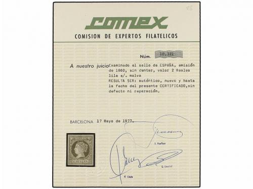 * ESPAÑA. Ed. 56. 2 reales lila. PIEZA DE LUJO. Cert. COMEX.