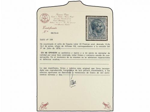 * ESPAÑA. Ed. 199. 10 pts. azul. PIEZA DE LUJO. Cert. GRAUS 
