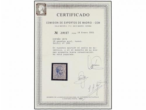 * ESPAÑA. Ed. 199. 10 pts. azul. PIEZA DE LUJO. Cert. GRAUS 