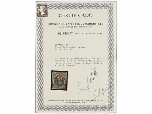 * ESPAÑA. Ed. 32. 2 cuartos verde. MAGNÍFICO EJEMPLAR. Cert.