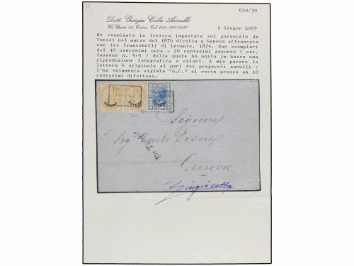 ✉ TUNEZ. 1876. SFAX a GÉNOVA. Envuelta franqueada con sellos