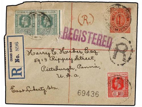 ✉ CAIMANES. 1913. GRAN CAYMAN to U.S.A. 1 d. postal stationa