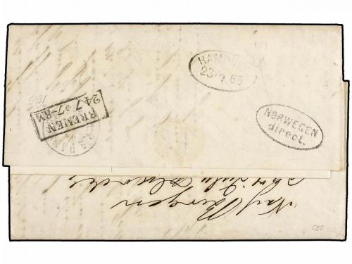 ✉ NORUEGA. 1865. BERGEN to BREMEN. Complete cover franked wi
