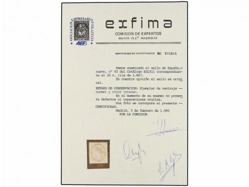 (*) ESPAÑA. Ed. 92. 20 cts. lila. MAGNÍFICO EJEMPLAR. Cert. 