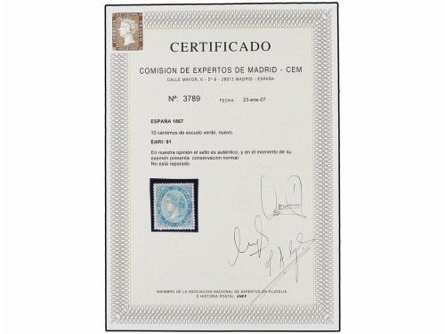 (*) ESPAÑA. Ed. 91. 10 cts. verde. PIEZA DE LUJO. Cert. CEM.