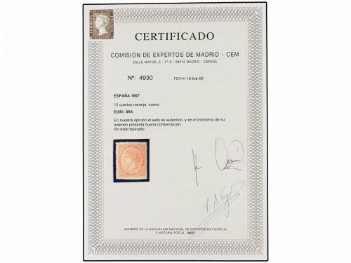 * ESPAÑA. Ed. 89A. 12 cuartos naranja. PIEZA DE LUJO. Cert. 