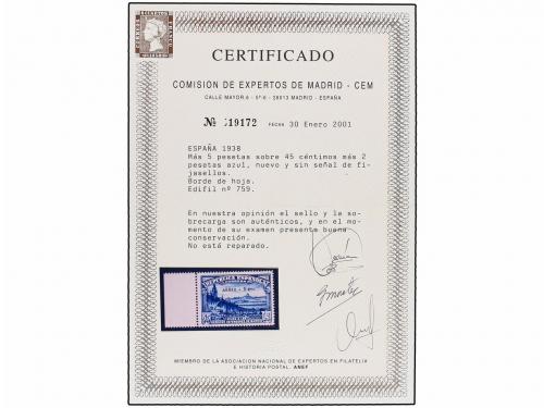 * ESPAÑA. Ed. 759. Aéreo + 5 pts. azul. LUJO. Cert. CEM. Cat