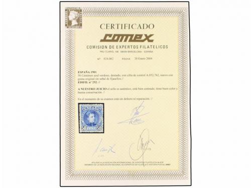 ** ESPAÑA. Ed. 252. 50 cts. azul. PIEZA DE LUJO. Cert. COMEX