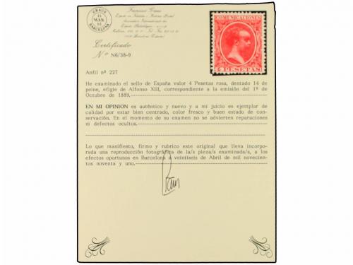 * ESPAÑA. Ed. 227. 4 pts. rosa. PIEZA DE LUJO. Cert. GRAUS. 