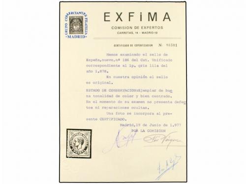 (*) ESPAÑA. Ed. 186. 1 pta. gris. PIEZA DE LUJO. Cert. CEM y