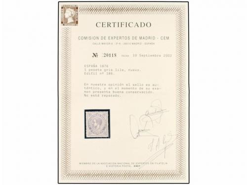 (*) ESPAÑA. Ed. 186. 1 pta. gris. PIEZA DE LUJO. Cert. CEM y