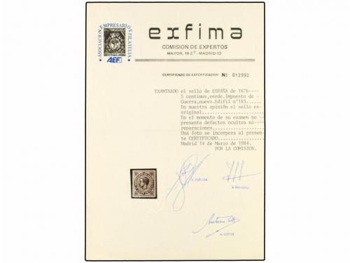 ** ESPAÑA. Ed. 183. 5 cent. verde. PIEZA DE LUJO. Cert. EXFI