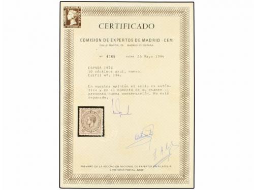 ** ESPAÑA. Ed. 184. 10 cent. azul. PIEZA DE LUJO. Cert. CEM.
