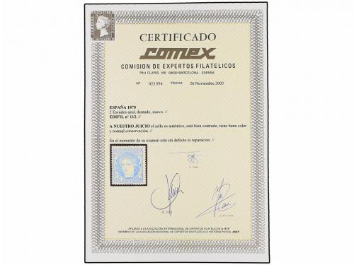 (*) ESPAÑA. Ed. 112. 2 esc. azul. MAGNÍFICO EJEMPLAR. Cert. 