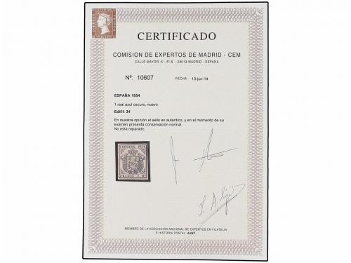 (*) ESPAÑA. Ed. 34. 1 real azul. PIEZA DE LUJO. Cert. CEM. C