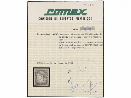 (*) ESPAÑA. Ed. 73. 2 reales lila. PIEZA DE LUJO. Cert. COME