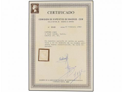 (*) ESPAÑA. Ed. 72. 1 real verde. PIEZA DE LUJO. Cert. CEM. 