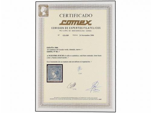 * ESPAÑA. Ed. 84. 10 cts. verde. PIEZA DE LUJO. Cert. COMEX.