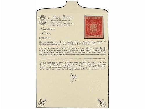 (*) ESPAÑA. Ed. 25. 2 reales bermellón. PIEZA DE LUJO. Cert.