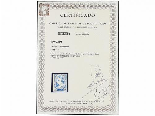 * ESPAÑA. Ed. 156. 1 real azul. Borde de hoja. PIEZA DE LUJO