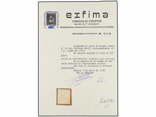 (*) ESPAÑA. Ed. 151. 4 pts. rosa. MAGNÍFICO EJEMPLAR. Cert. 