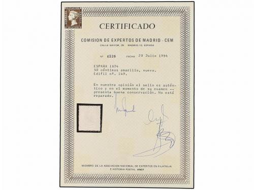 ** ESPAÑA. Ed. 149. 50 cts. amarillo. PIEZA DE LUJO. Cert. C