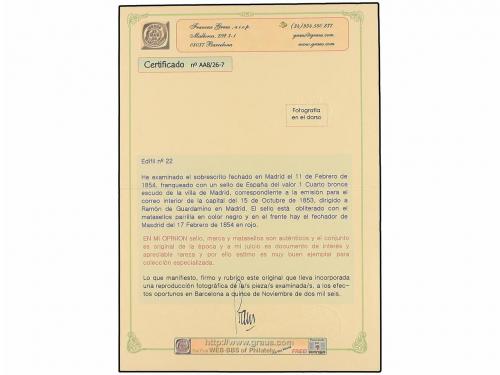 ✉ ESPAÑA. Ed. 22. 1854. MADRID. Correo Interior. 1 cuarto br